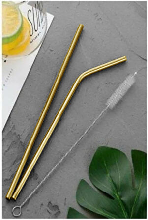 Paslanmaz Gold Çelik Pipet Ve Temizlik Fırçası 3 Parça Set Pratik Ürünler Sunum Ve Kokteyl Ürünleri