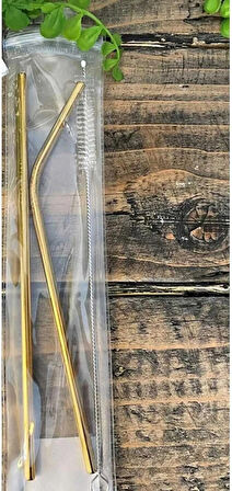 Paslanmaz Gold Çelik Pipet Ve Temizlik Fırçası 3 Parça Set Pratik Ürünler Sunum Ve Kokteyl Ürünleri