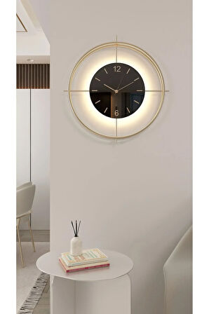 Büyük Boy (55*55 CM) Gold Deluxe Ledli(PİLLİ) - Siyah Göbek - Modern Dekoratif Metal Duvar Saati