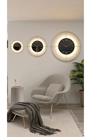 Büyük Boy (55*55 CM) Gold Deluxe Ledli(PİLLİ) - Siyah Göbek - Modern Dekoratif Metal Duvar Saati