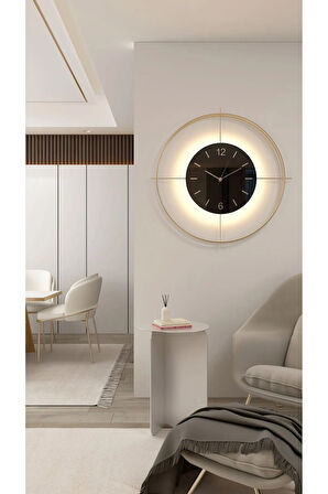 Büyük Boy (55*55 CM) Gold Deluxe Ledli(PİLLİ) - Siyah Göbek - Modern Dekoratif Metal Duvar Saati