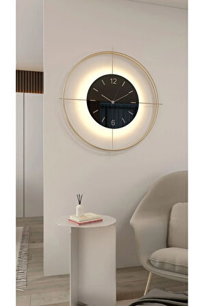 Büyük Boy (55*55 CM) Gold Deluxe Ledli(PİLLİ) - Siyah Göbek - Modern Dekoratif Metal Duvar Saati