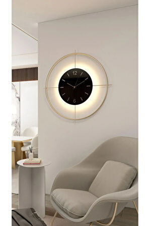 Büyük Boy (55*55 CM) Gold Deluxe Ledli(PİLLİ) - Siyah Göbek - Modern Dekoratif Metal Duvar Saati