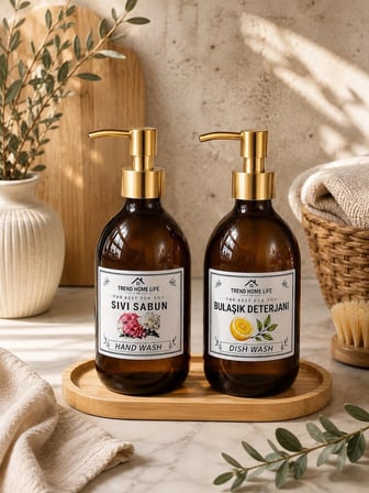  Amber Ahşap Stantlı Gold Kapaklı 500 ml Sıvı Sabun Bulaşık Deterjanı Cam Şişe