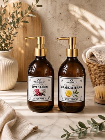  Amber Ahşap Stantlı Gold Kapaklı 500 ml Sıvı Sabun Bulaşık Deterjanı Cam Şişe