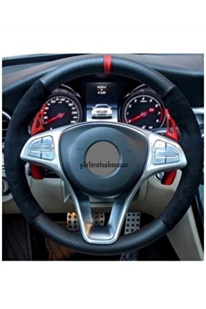 Vw Golf 7 Uyumlu Dikmeli Direksiyon Kılıfı Alkantara Karbon Kırmızı