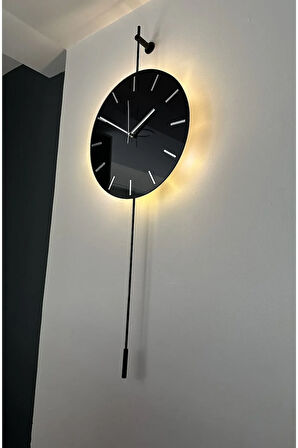 Gravity Lighting Black - Pilli Led - Modern Dekoratif Metal Camlı Duvar Saati