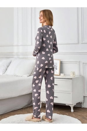 İçi Pamuklu Düğmeli Kadın Pijama Takımı Lohusa- Rahat Kesim Desenli Homewear Milan Kumaş