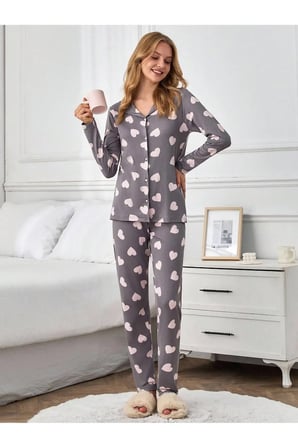 İçi Pamuklu Düğmeli Kadın Pijama Takımı Lohusa- Rahat Kesim Desenli Homewear Milan Kumaş