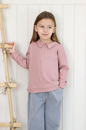 Gri Çizgili Pantolon Pudra Sweat İkili Takım