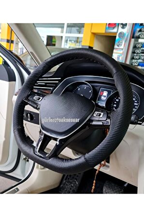 Vw Passat Polo 2017> Uyumlu Karbon Direksiyon Kılıfı Dikmeli Noktalı Karbon Siyah