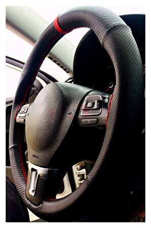 Vw Passat Uyumlu Carbon Dikmeli Deri Direksiyon Kılıfı Noktalı Karbon Kırmızı Ipli