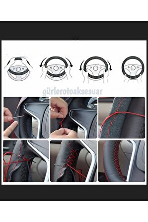 Fiat Linea Uyumlu Dikmeli Direksiyon Kılıfı Soft Siyah Deri Kırmızı Yüzüklü A+plus ( 38×10.5cm )