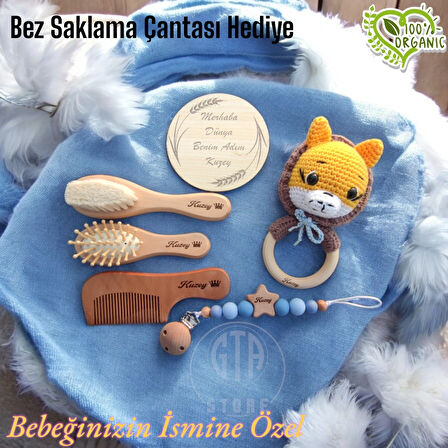 İsme Özel %100 Keçi Kılı Fırça,Bambu Masaj Tarağı,Şimşir Tarak,Emzik Zinciri,Amigurumi,Müslin Battaniye Bebek Seti