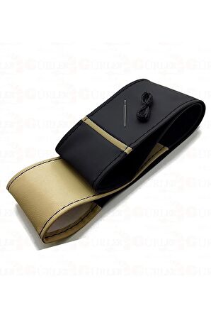 Universal Dikmeli Deri Direksiyon Kılıfı Iki Renkli Yüzüklü Bej Siyah