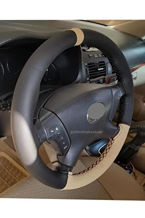 Universal Dikmeli Deri Direksiyon Kılıfı Iki Renkli Yüzüklü Bej Siyah