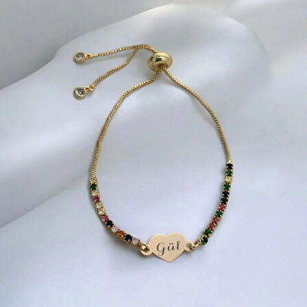 Özel Kalp Figürlü ve Renkli Taş Desenli 14 Ayar Altın Plakalı Gül Bilekliği