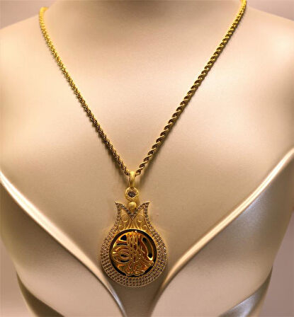 Altın Lale Tuğralı Kolye  Ucu ve Halat Zincir 3762