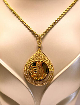 Altın Damla Tuğralı Kolye  Ucu ve Halat Zincir 3741