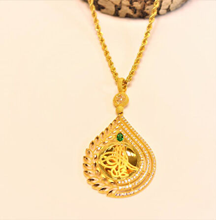 Altın Damla Tuğralı Kolye  Ucu ve Halat Zincir 3742