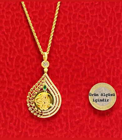 Altın Damla Tuğralı Kolye  Ucu ve Halat Zincir 3742