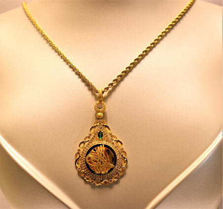 Altın Damla Tuğralı Kolye  Ucu ve Halat Zincir