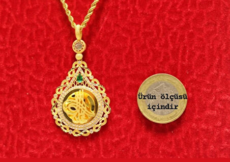 Altın Damla Tuğralı Kolye  Ucu ve Halat Zincir
