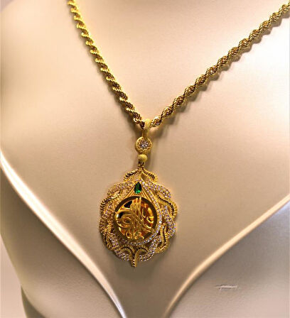 Altın Damla Tuğralı Kolye  Ucu ve Halat Zincir 3752