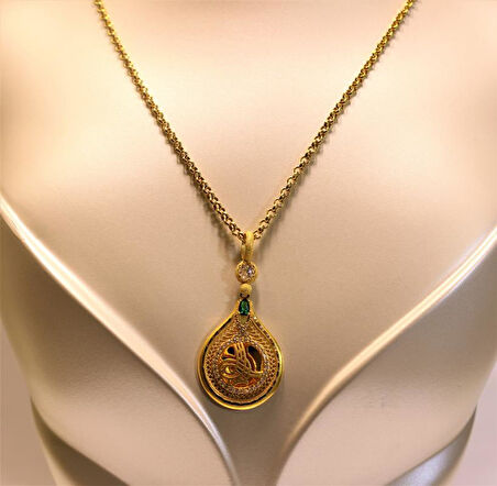 Altın Damla Tuğralı Kolye  Ucu ve Halat Zincir 3754