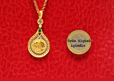 Altın Damla Tuğralı Kolye  Ucu ve Halat Zincir 3754