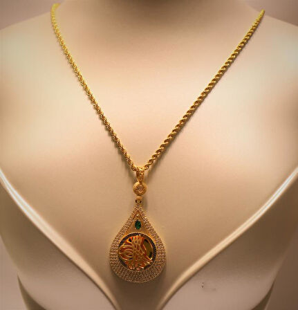 Altın Damla Tuğralı Kolye  Ucu ve Halat Zincir  3758