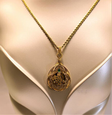 Altın Damla Tuğralı Kolye  Ucu ve Halat Zincir 3761