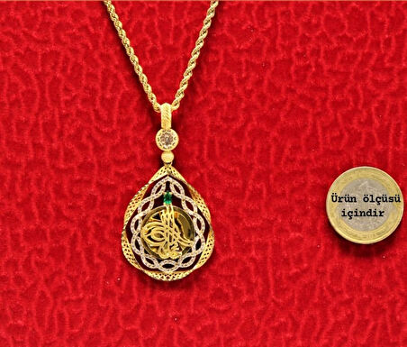 Altın Damla Tuğralı Kolye  Ucu ve Halat Zincir 3761