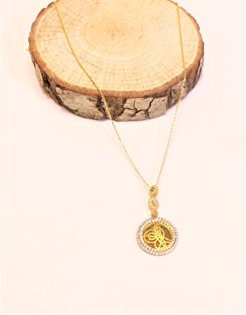 8 Ayar Altın Tuğralı Taşlı Kolye Ucu ve Zinciri