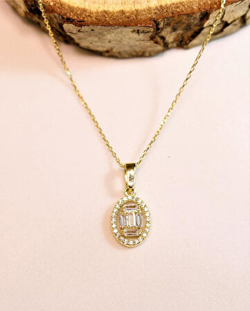 Altın Baget Taşlı Kolye Ucu ve Zinciri