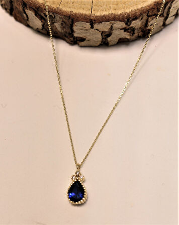 Altın Mavi Taşlı Damla Kolye