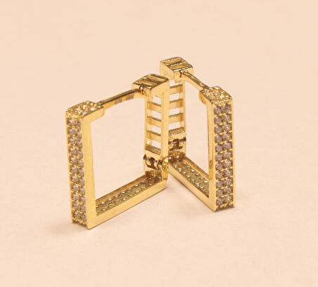 Altın Dikdörtgen Taşlı Küpe