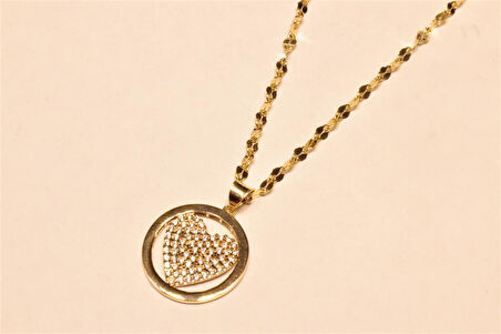 Altın Kalpli Kolye Uçlu Aynalı  Model Zincir