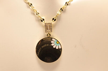 Altın Aynalı Zincirli Çicekli Plaka Kolye