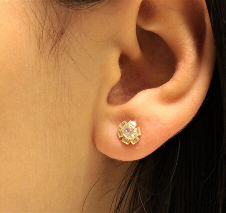 Altın Baget Taşlı Vidalı Küpe 35027