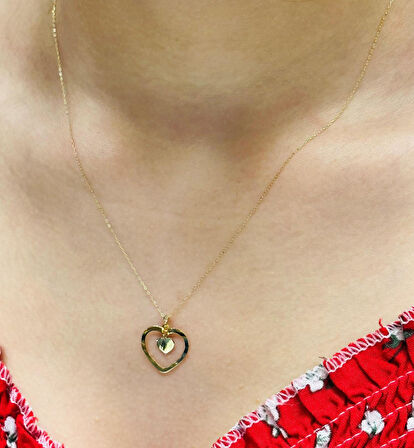 14 Ayar Altın Kalp  Kolye Uçlu Zincir
