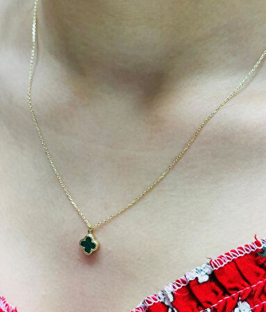 14 Ayar Yeşil Yonca Kolye Ucu ve Zinciri