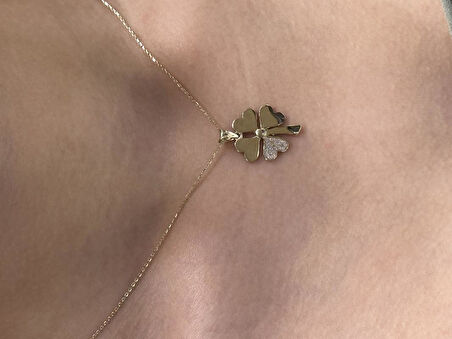 14 Ayar Altın Yonca Kolye Ucu ve Zinciri