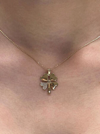 14 Ayar Altın Yonca Kolye Ucu ve Zinciri