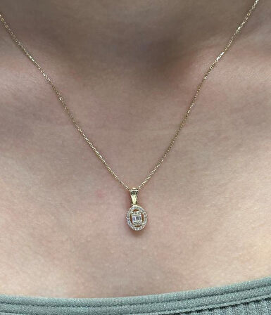 14 Ayar Altın Baget Taşlı  Kolye Ucu ve Zinciri