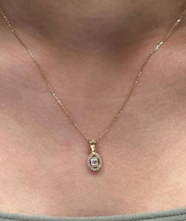 14 Ayar Altın Baget Taşlı  Kolye Ucu ve Zinciri