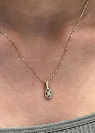 14 Ayar Altın Baget Taşlı  Kolye Ucu ve Zinciri