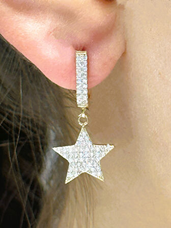  14 Ayar Altın Taşlı Yıldız Model Halka Küpe 25142