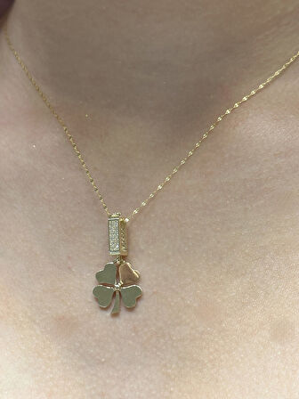  14 Ayar Yonca Kolye Uçlu Aynalı Zincir