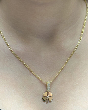 14 Ayar Altın Yonca Kolye Uçlu Figaro Zincir